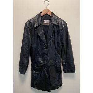 Vintage Albert Duke Women Trench Coat Small Black Leather Belted Grunge Goth 90s